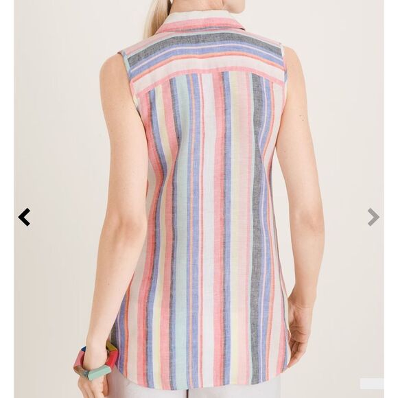 Chico's Women No-Iron FreshChic 100% Linen Striped rainbow colorful Tunic 12/14P - Picture 3 of 11